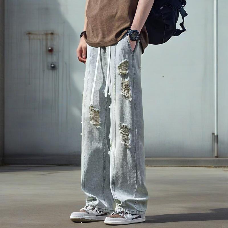 复古抽绳破洞牛仔裤男生薄款潮牌美式ins长裤宽松直筒休闲阔腿裤