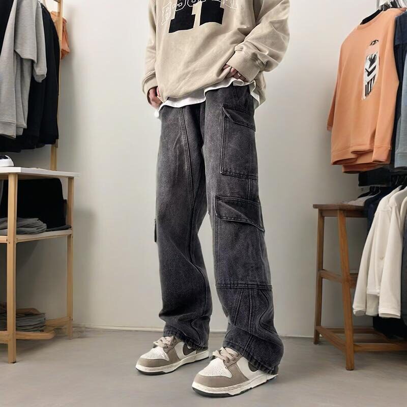 日系原宿水洗工装牛仔裤男女美式复古直筒休闲裤街头做旧痞帅长裤