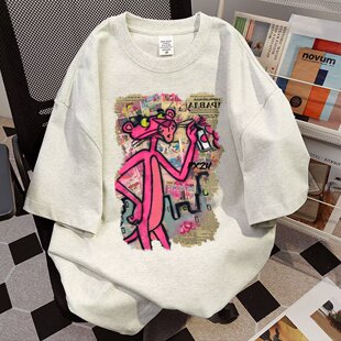 粉色豹卡通短袖T恤男女美式vintage小众潮牌高街宽松情侣半袖上衣