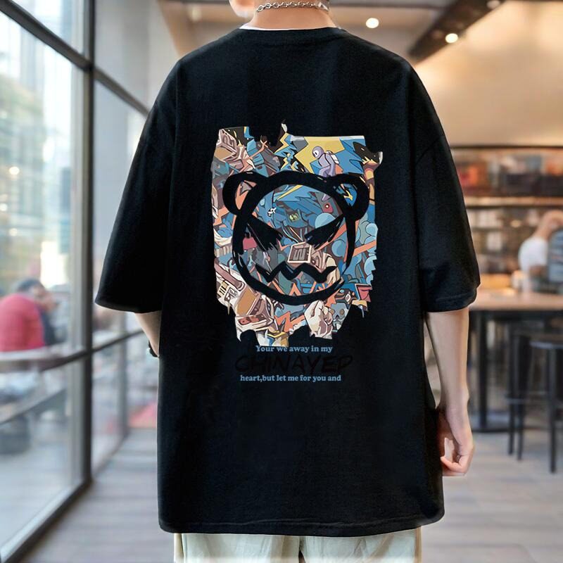 黑色美式潮牌ins卡通宽松短袖t恤