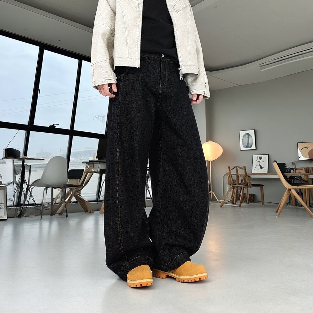 黑色美式复古宽松拖地牛仔裤男2026新款原色帅气直筒阔腿弯刀裤子
