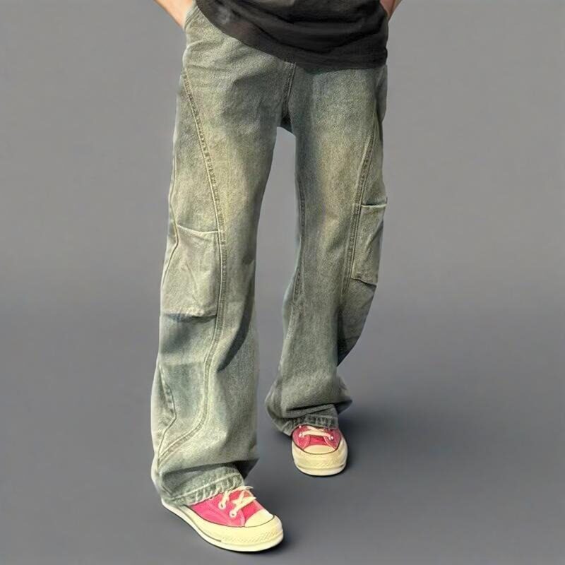 复古蓝街头弯刀牛仔裤男款做旧穿搭高级感裤子宽松微阔直筒长裤