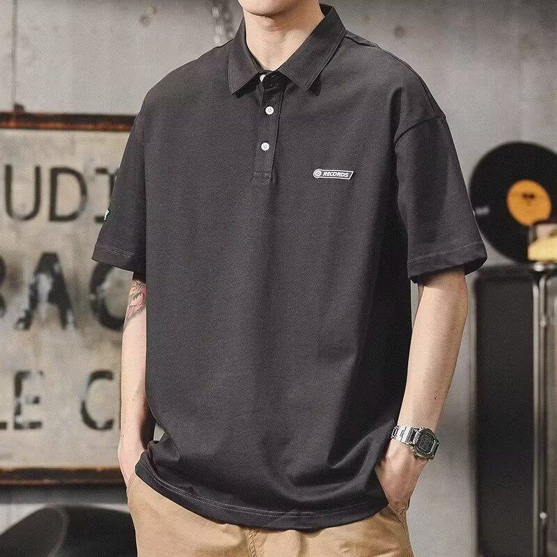 美式简约百搭翻领POLO衫夏季潮牌慵懒原宿短袖t恤男士深灰保罗衫