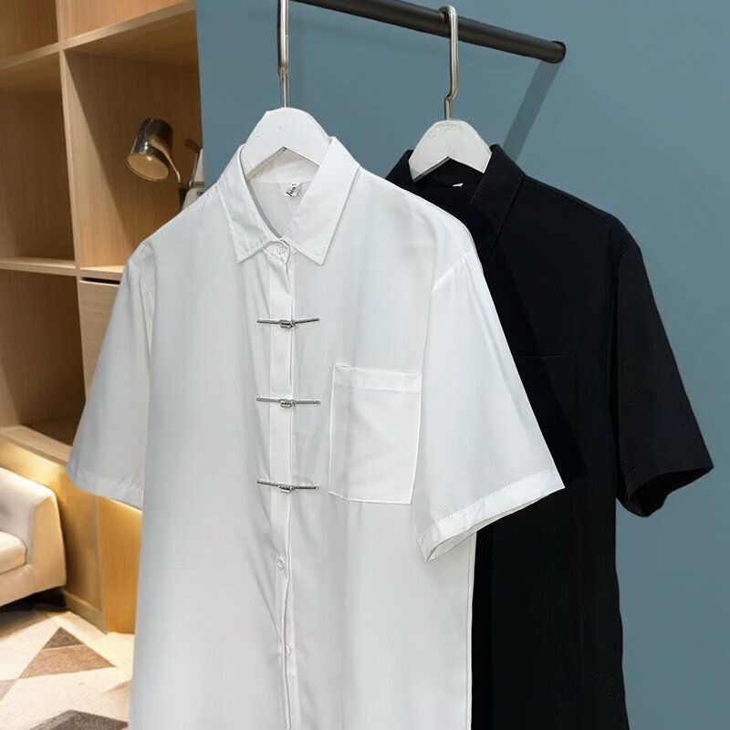 高级感休闲冰丝中国风衬衫短袖男装新中式金属扣汉服唐装半袖衬衣