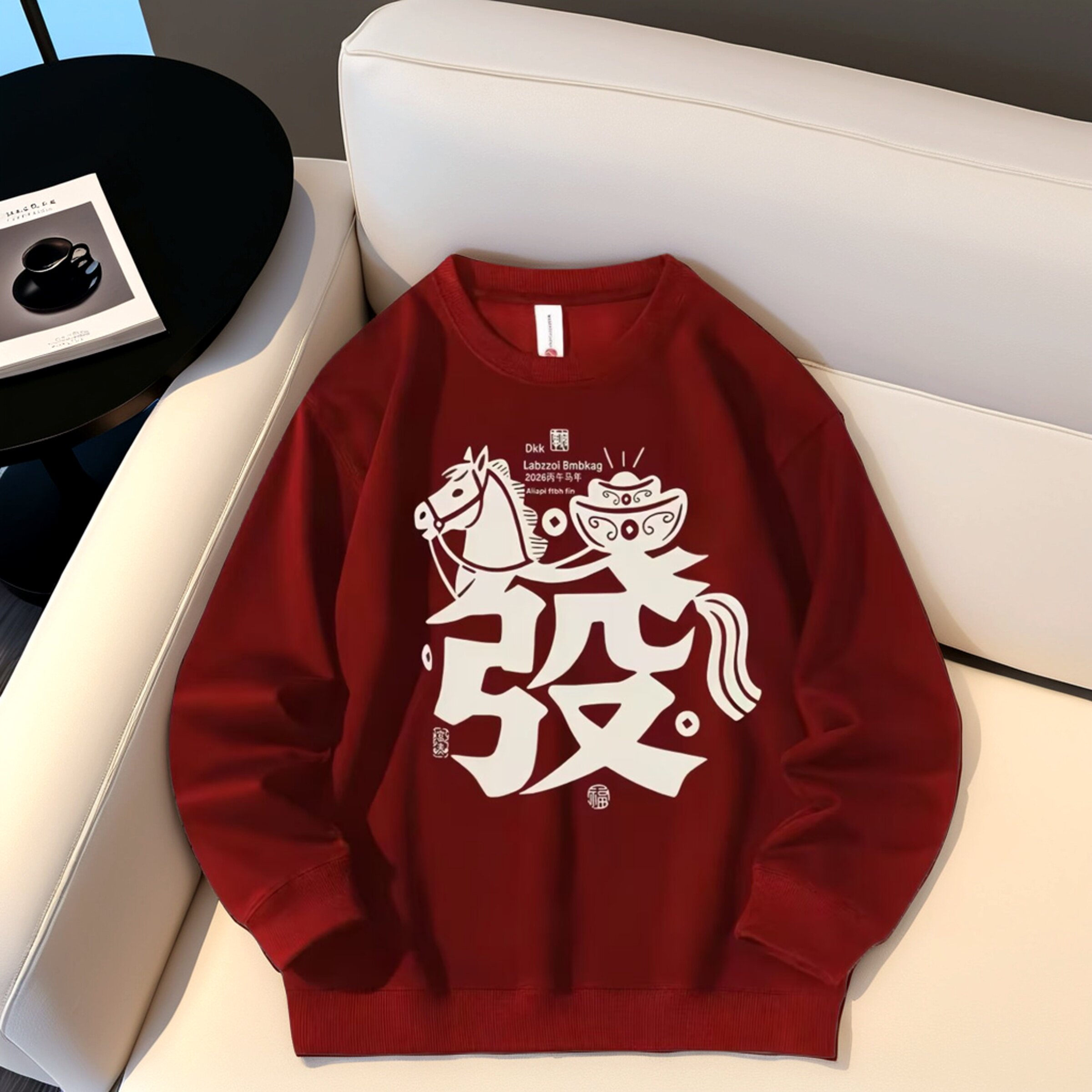 2026马上发财春秋季宽松卫衣男女款国风文字保暖休闲套头上衣外套