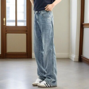 复古港风浅蓝做旧微喇牛仔裤男系皮带百搭直筒显瘦宽松修身长裤子