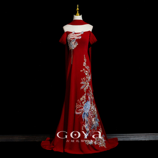 一字肩鱼尾敬酒服新娘结婚出阁宴回门服新中式 订婚礼服红色高级感