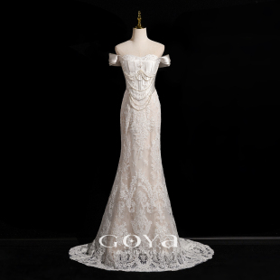 法式 新娘结婚迎宾出门纱复古蕾丝鱼尾礼服裙 一字肩轻婚纱2026新款