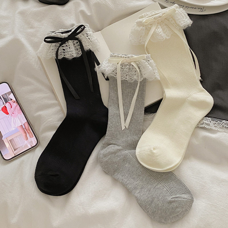 丝带蝴蝶结毛线花边中筒袜女秋冬季软糯感lolita甜美风堆堆袜,女士内衣/男士内衣/家居服,短袜,淘宝优惠券,粉丝福利购,淘宝优惠卷