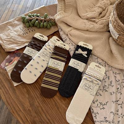 韩系碎花蝴蝶结羊毛中筒袜女秋冬软糯亲肤复古咖色系木耳边堆堆袜