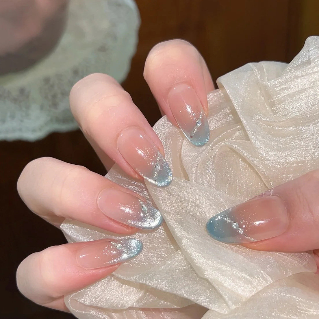 手工夏日冰川蓝穿戴甲2025新款裸色冰透显白美甲成品贴片 新娘,彩妆/香水/美妆工具,穿戴甲/甲片,淘宝优惠券,粉丝福利购,淘宝优惠卷