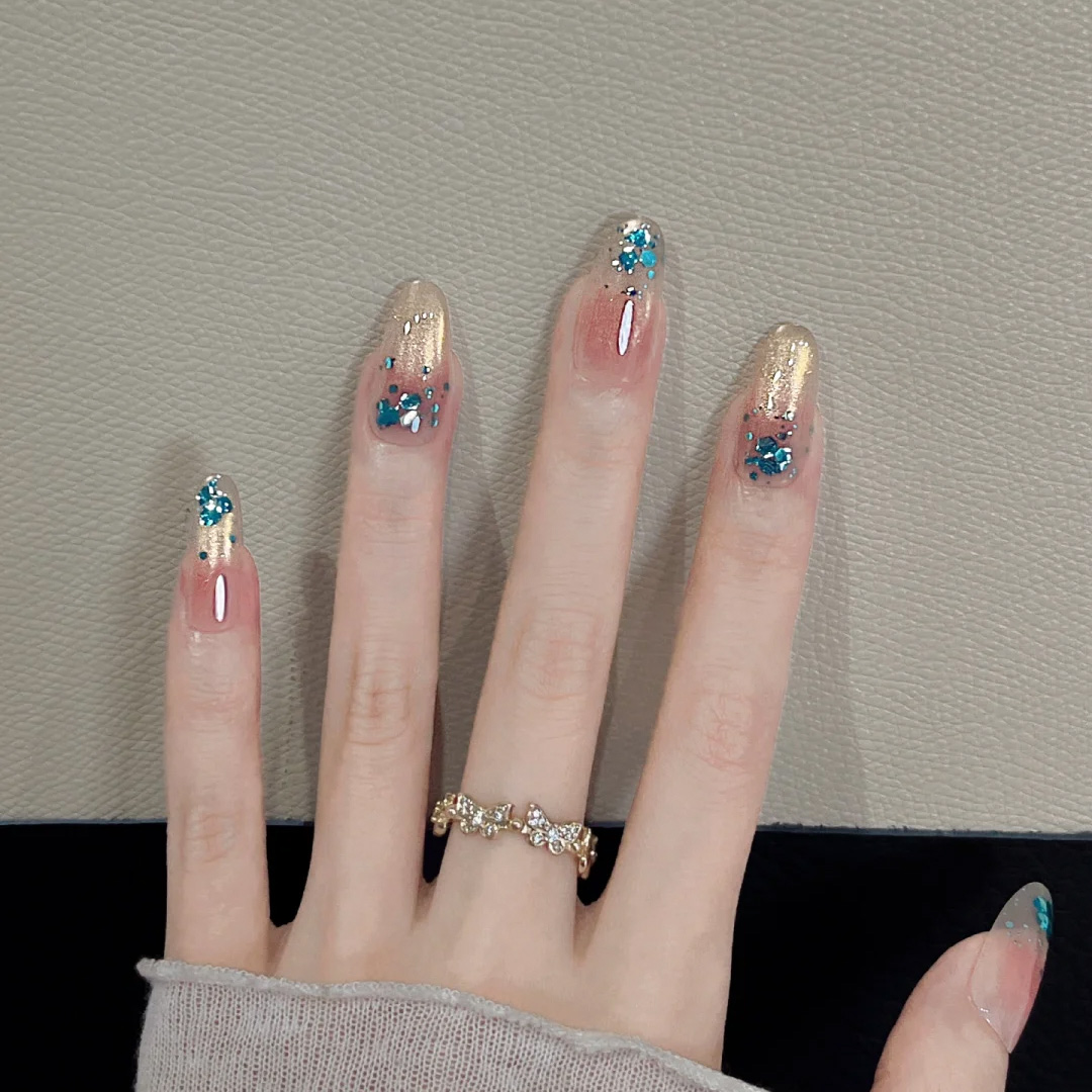 蓝金撞色手工穿戴甲猫眼显白美甲