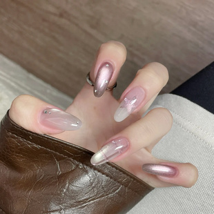 纯手工猫眼穿戴甲INS风甜酷格纹紫闪星美甲贴片 悦己天星