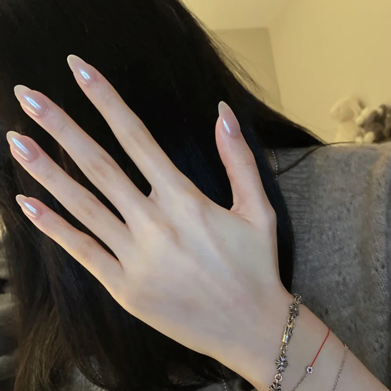 Hailey同款白月光美甲成品贴片珍珠白裸色穿戴假指甲轻奢高级感