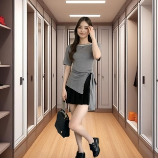 显瘦开叉亮片不规则绑带圆领打底短袖 ins设计感上衣修身 t恤女潮