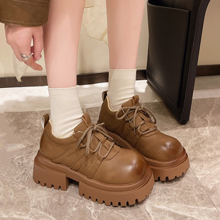 2026年秋冬新款英伦风增高圆头系带单鞋女百搭方跟厚底深口乐福鞋