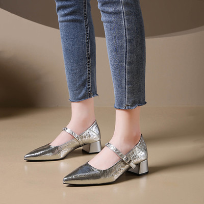 尖头浅口法式粗跟一字扣玛丽珍鞋