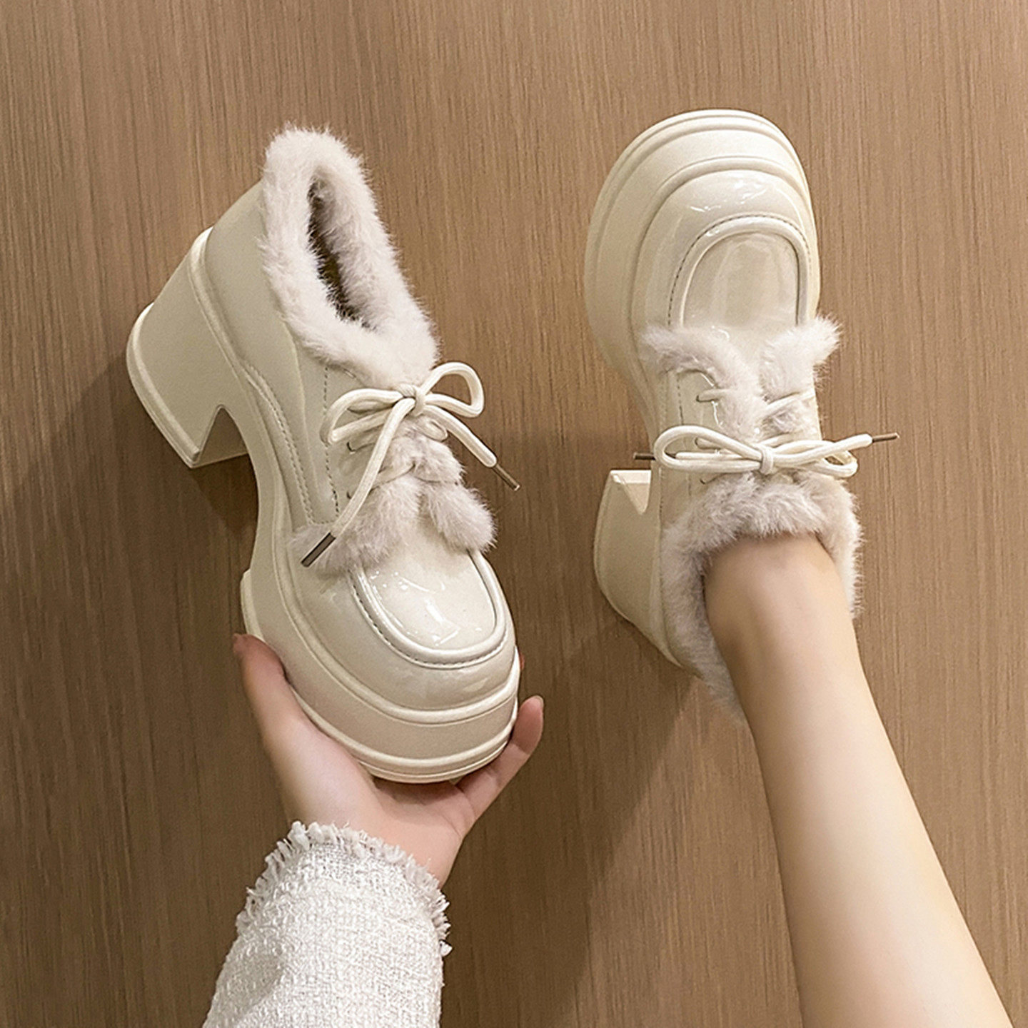 2025冬季新款圆头加绒保暖毛毛深口单鞋女时尚系带粗跟百搭小皮鞋,女鞋,深口单鞋,淘宝优惠券,粉丝福利购,淘宝优惠卷