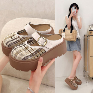 编织网面镂空勃肯凉鞋 7cm厚底休闲包头半拖鞋 女夏外穿2026新款