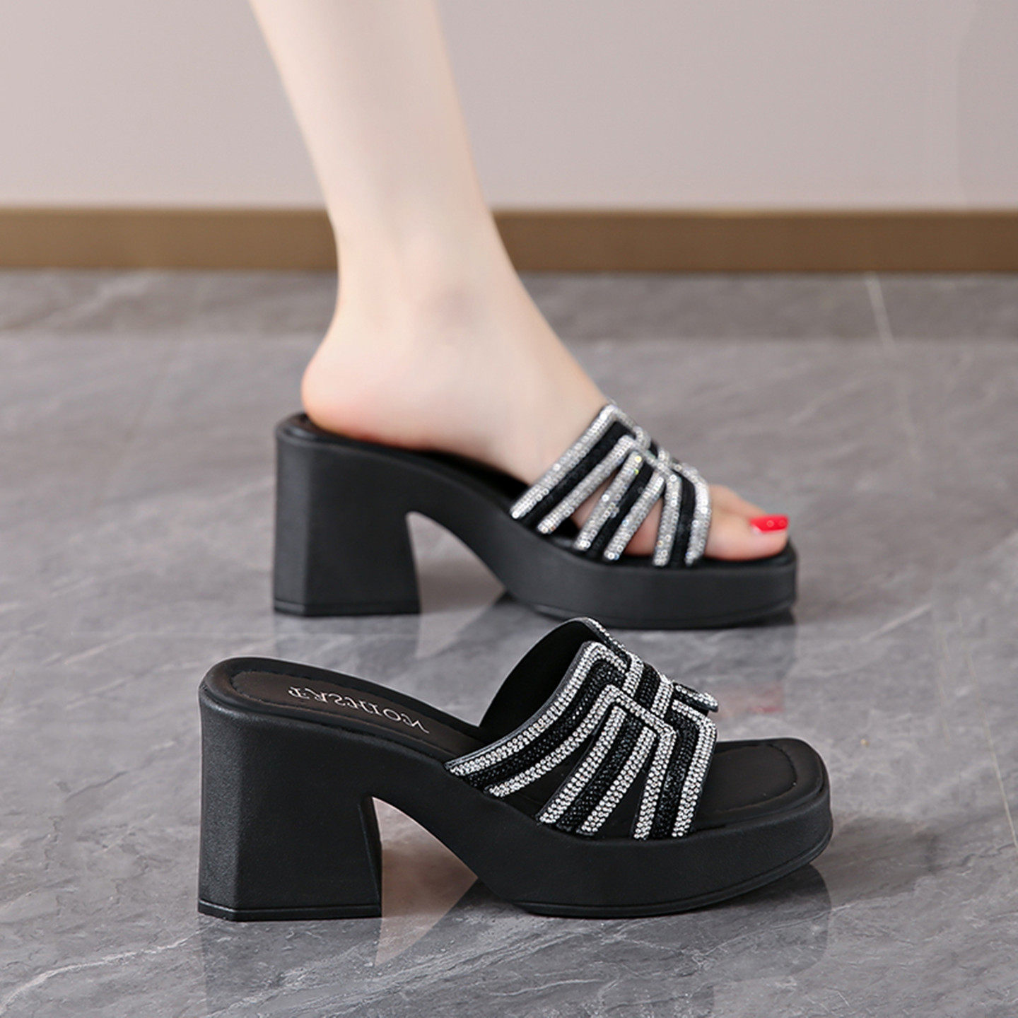 网红小香风水钻高跟一字拖鞋女夏季2025新款外穿增高粗跟休闲凉拖,女鞋,一字拖,淘宝优惠券,粉丝福利购,淘宝优惠卷