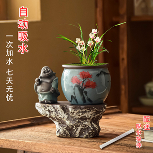 哥窑手绘花盆禅意微景观组合自动吸水盆兰花文竹茉莉花陶瓷盆器