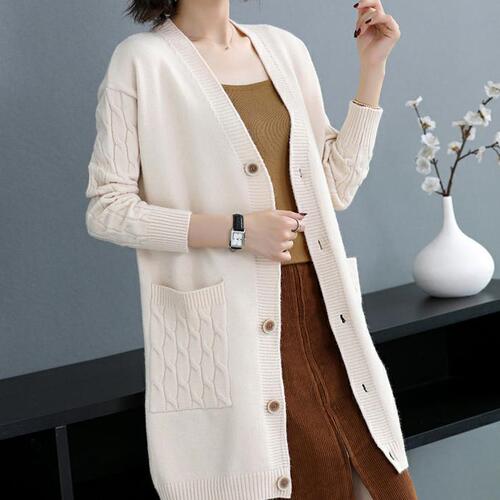 Cardigan sweater women's middle long loose Korean version 2020 new large size spring and autumn pocket wear knitted jacket