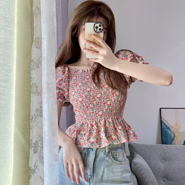 Real price and real shooting Floral Chiffon T-shirt women's sense of design niche summer 2021 new short sleeve top