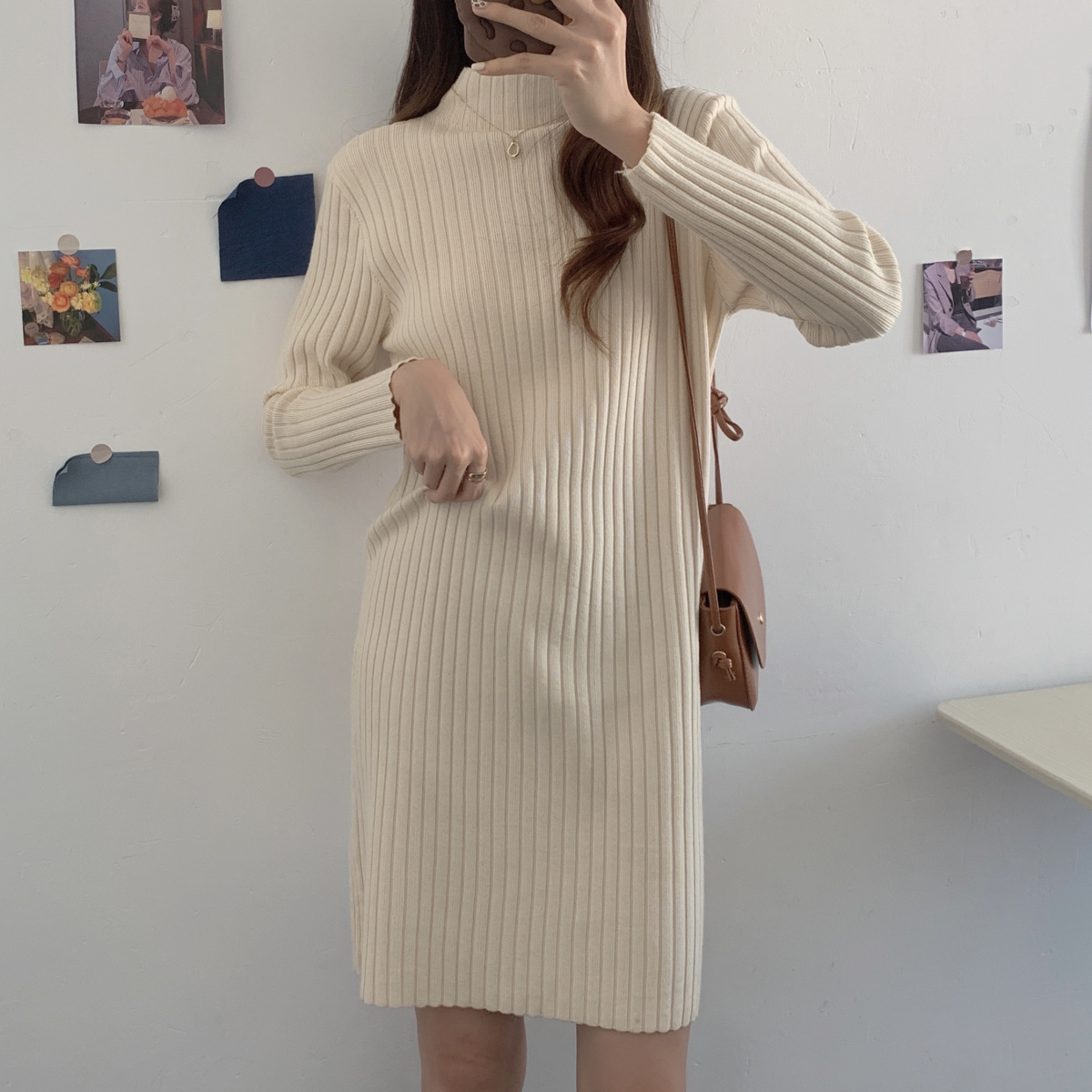 Real price real shot spring Korean version 2021 new slim fit with knitted half high collar long sleeve dress skirt