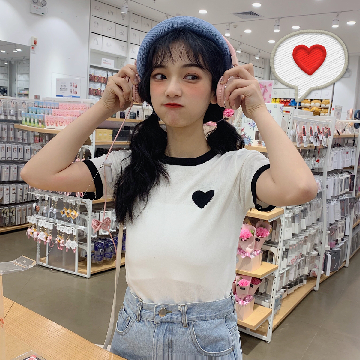 Real shot real price summer new Korean versatile color matching pink love top girl's knitted short sleeve T-shirt