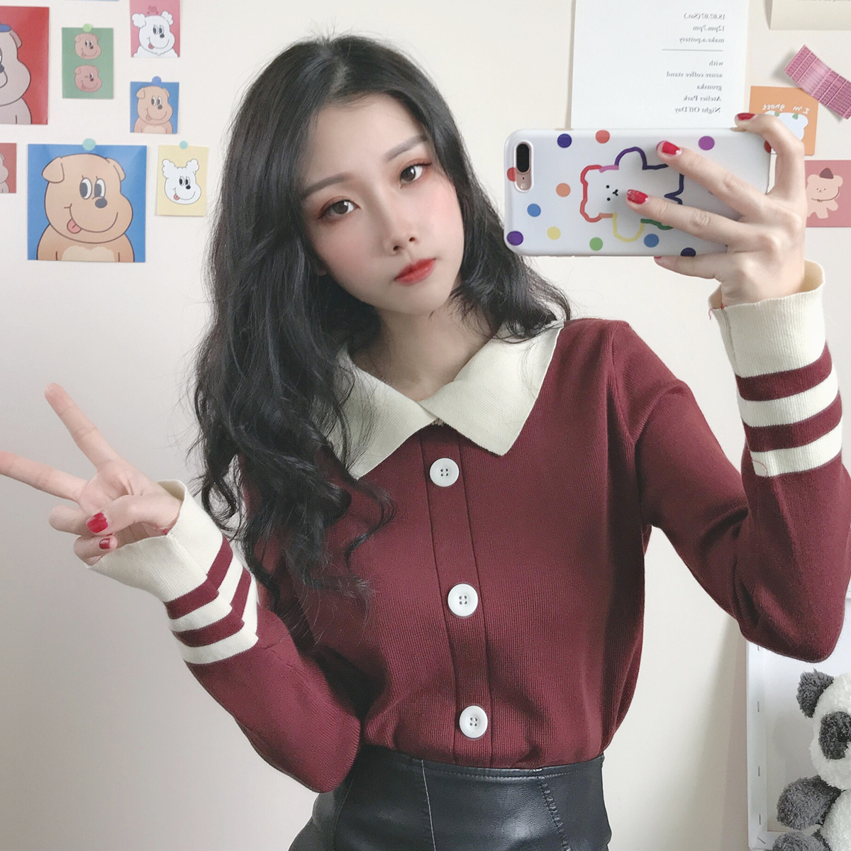 Real shot real price 2021 spring Korean slim color matching doll collar long sleeve Pullover Sweater