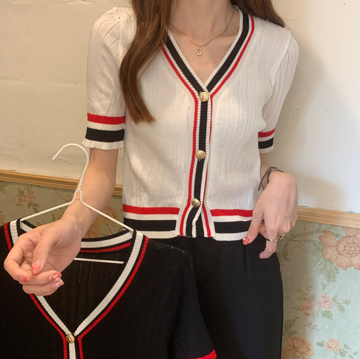 實價實拍夏季針織衫女新款修身顯瘦v領chic打底衫韓風短袖上衣