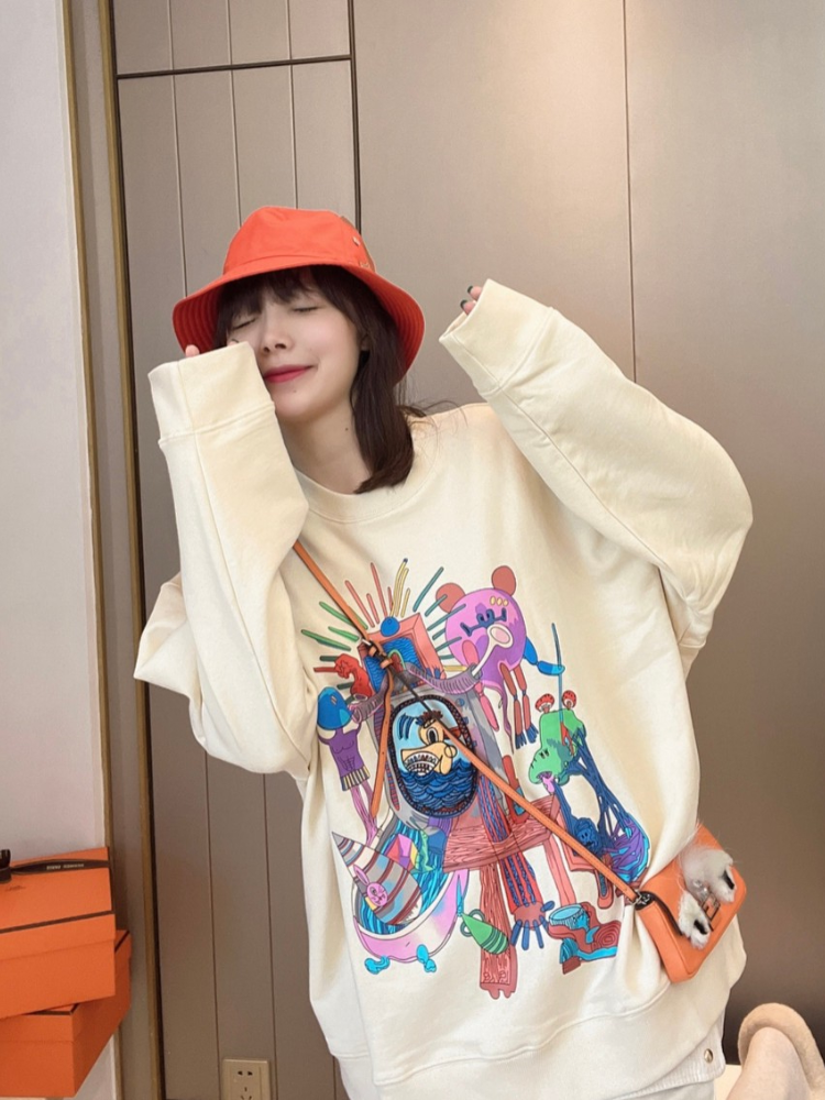 CREWNECK SWEATSHIRT SPRING AND AUTUMN THIN PRINT HIGH STREET FASHION BRAND OVERSIZE LOOSE LONG SLEEVE CARTOON TOP WOMENS FASHION