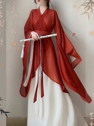 出租红色武侠女风汉服古装魏晋制齐腰八破裙古风舞蹈演出服租赁借