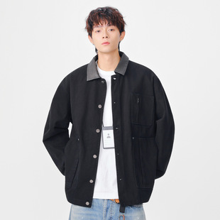 DL brand秋冬水洗做旧设计感皮领外套男女纯色百搭重磅翻领夹克