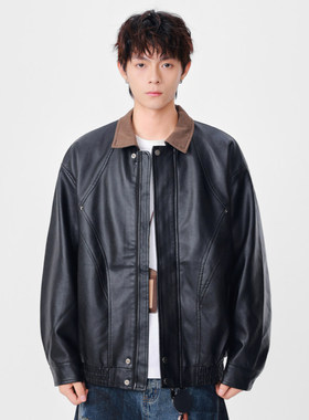 DL brand春秋美式男生复古皮夹克男士宽松纯色夹克外套男女