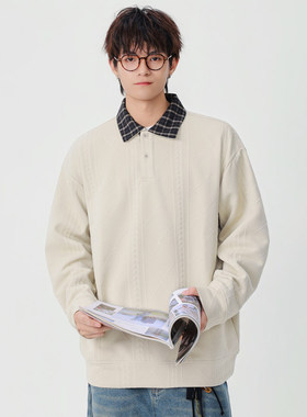 DL brand 秋季polo假两件拼接翻领套头卫衣宽松百搭休闲长袖T恤男