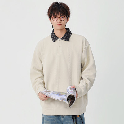 DL brand 秋季polo假两件拼接翻领套头卫衣宽松百搭休闲长袖T恤男