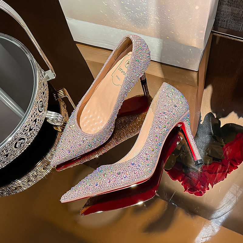 高跟鞋时尚水钻单鞋红底细跟休闲