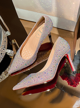 cl同款高跟鞋2025年春秋新款时尚百搭黑色水钻单鞋红底细跟休闲女