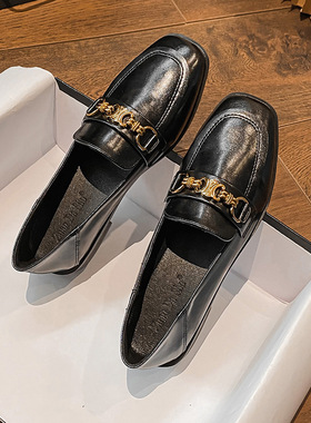 厚底乐福鞋女2024年时尚新款英伦风一脚蹬黑色小皮鞋复古洋气单鞋