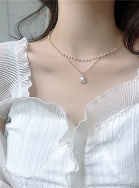韩国复古叠带双层珍珠项链女ins