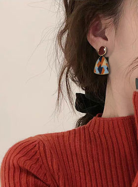复古港风耳环小众滴釉几何彩色拼接豹纹绒布纯银耳钉高级感网红新