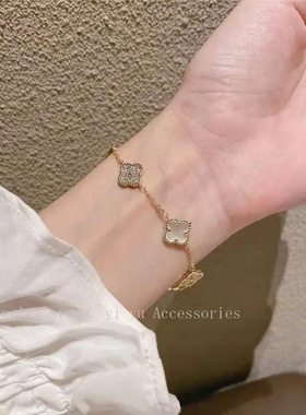 双面贝壳锆石四叶草手链时尚轻奢女ins镀真金小众可水洗百搭个性