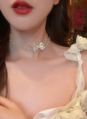 仙气彩钻蝴蝶结项链轻奢小众设计感2023新款气质高级感珍珠锁骨链