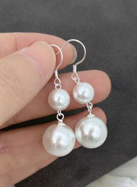 s999纯银大小贝珠耳钩足银防过敏不掉色925银珍珠耳环耳钉耳饰品