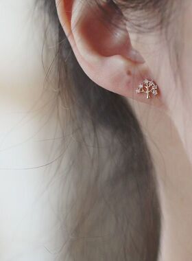 清新简约925银针生命树耳钉女 新潮闪闪锆石可爱养耳洞植物耳饰品