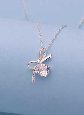 足银9901克拉莫桑钻蝴蝶结项链女韩版时尚感轻奢气质百搭锁骨链