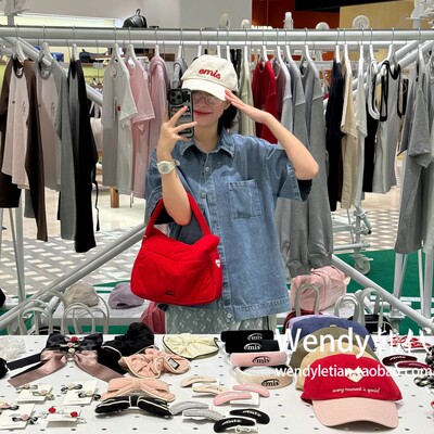 韩国代购小众emis 新款爱心刺绣字母尼龙单肩手提包腋下包