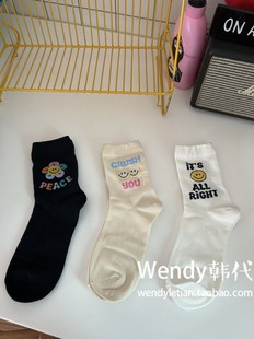 女款 韩国代购 中筒袜可爱笑脸字母棉质女袜 包邮 6双