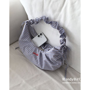 抽绳丝带字母单肩斜挎腋下手提包 新款 韩国代购 小众emis